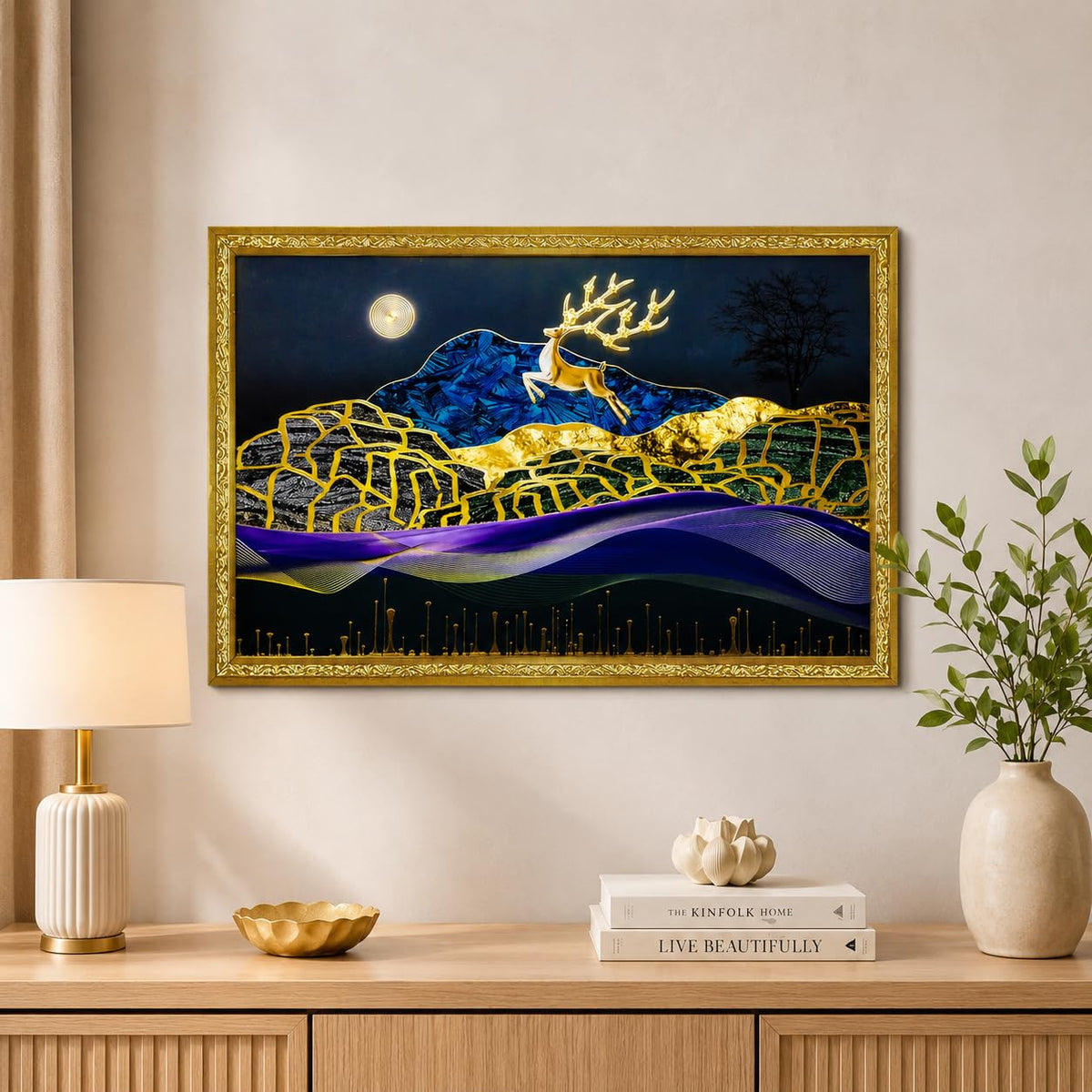 3D Golen Foil Modern Art Landscape with Joyful Lucky Reindeer | Framed Painting | Ready to Hang - (Multicolor, 14 Inch x 20 Inch)