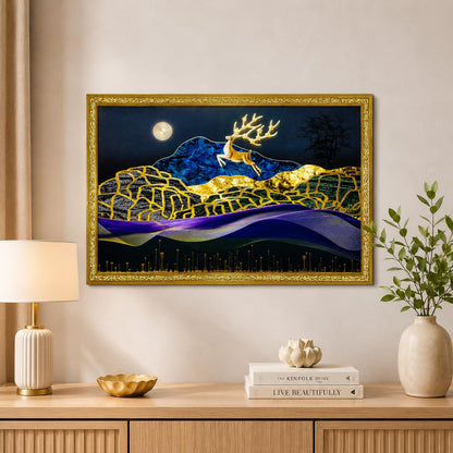 3D Golen Foil Modern Art Landscape with Joyful Lucky Reindeer | Framed Painting | Ready to Hang - (Multicolor, 14 Inch x 20 Inch)