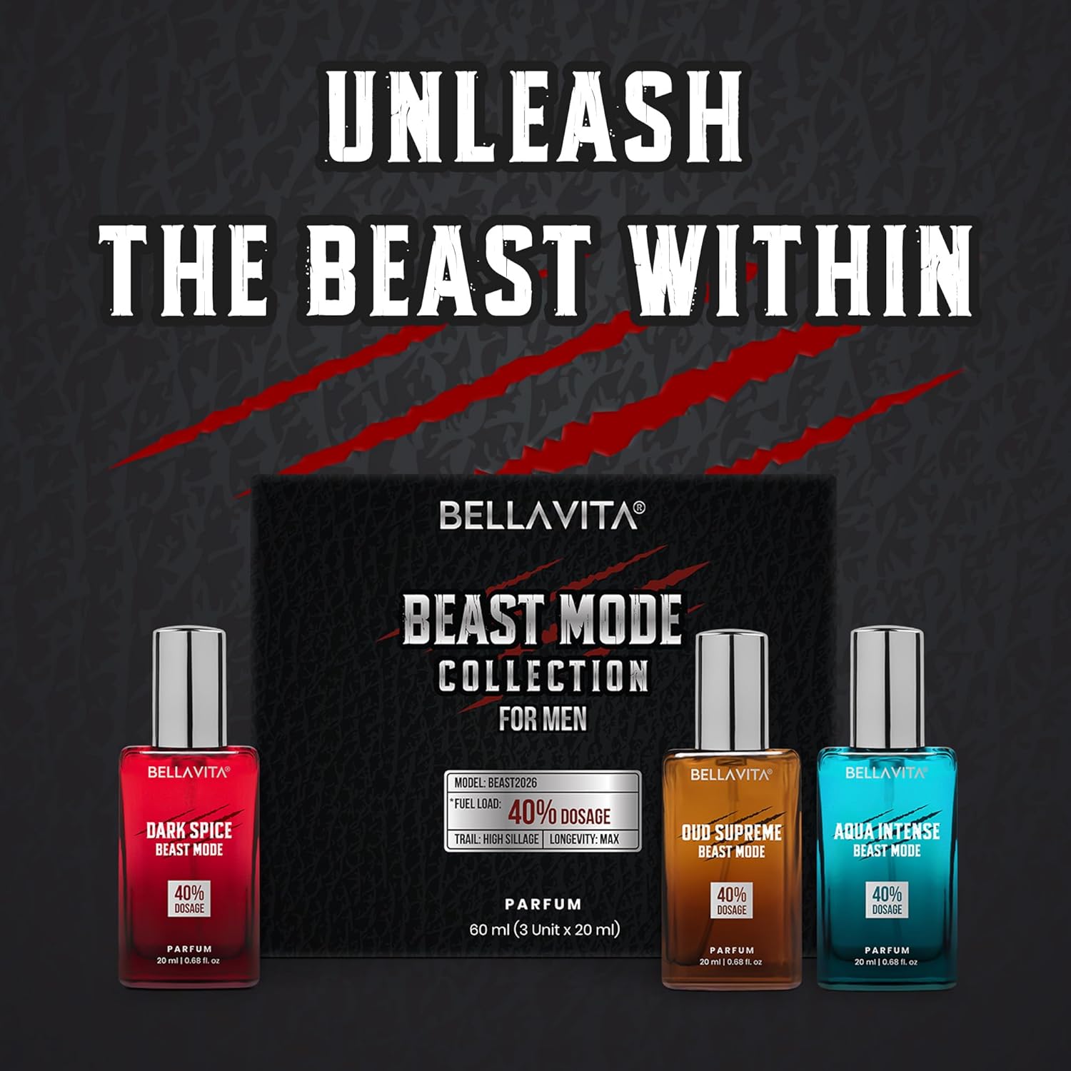 Bellavita Beast Mode Collection for men with three perfume bottles on a dark background.