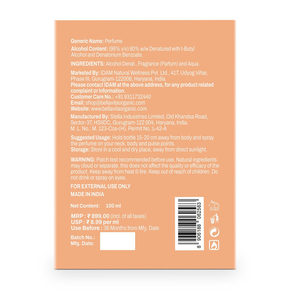 Back of a perfume packaging with text and a barcode on an orange background