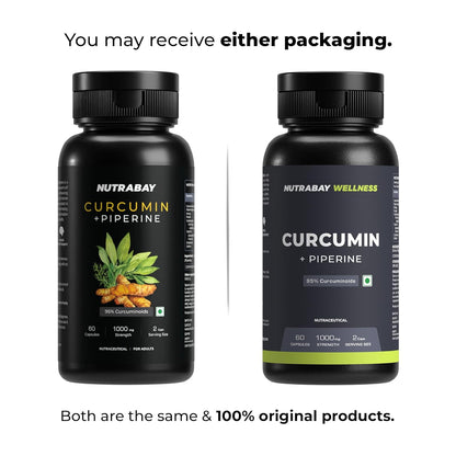 Two black bottles of Nutrabay Curcumin + Piperine on a white background.