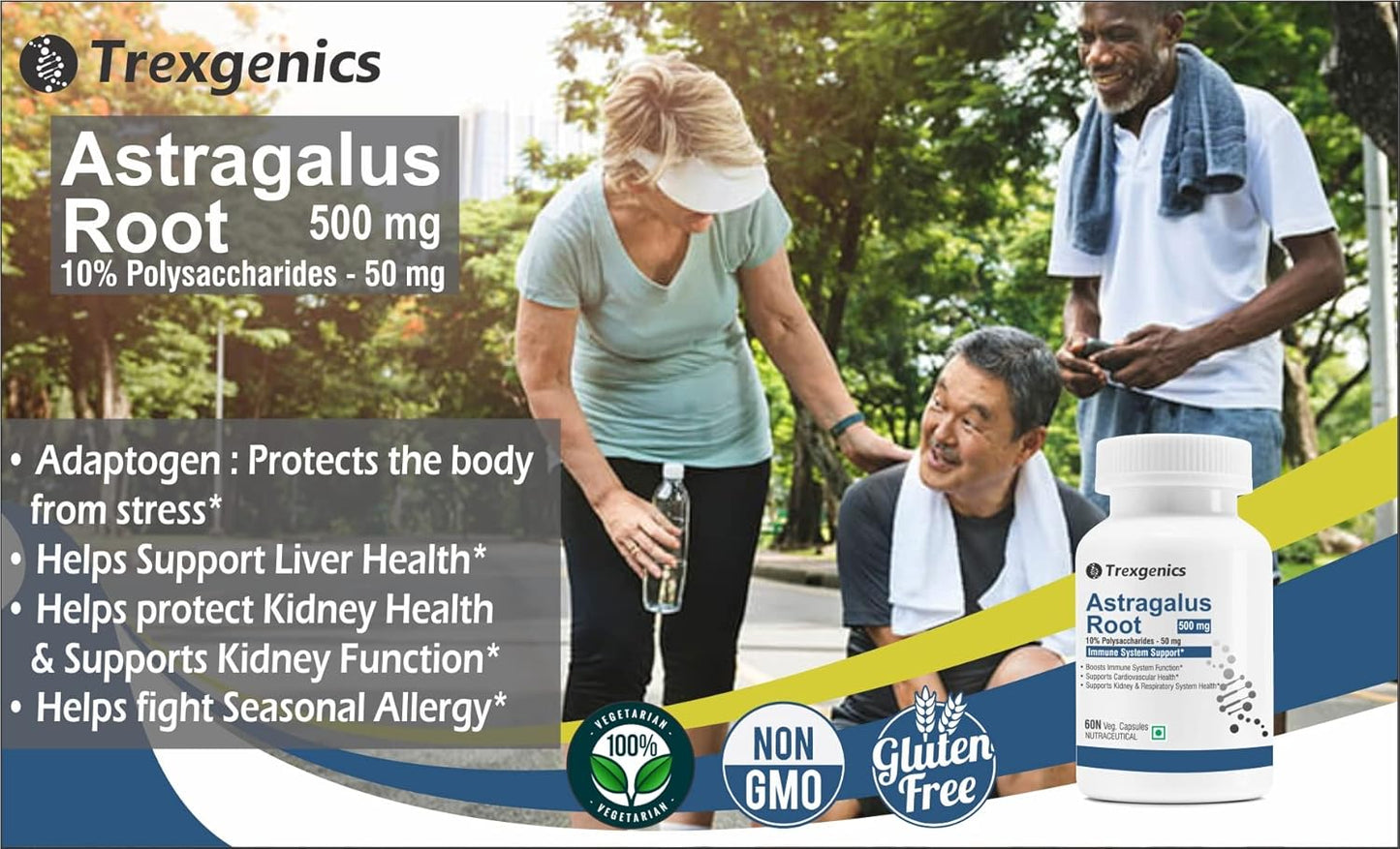 Trexgenics Astragalus Root supplement with people exercising outdoors