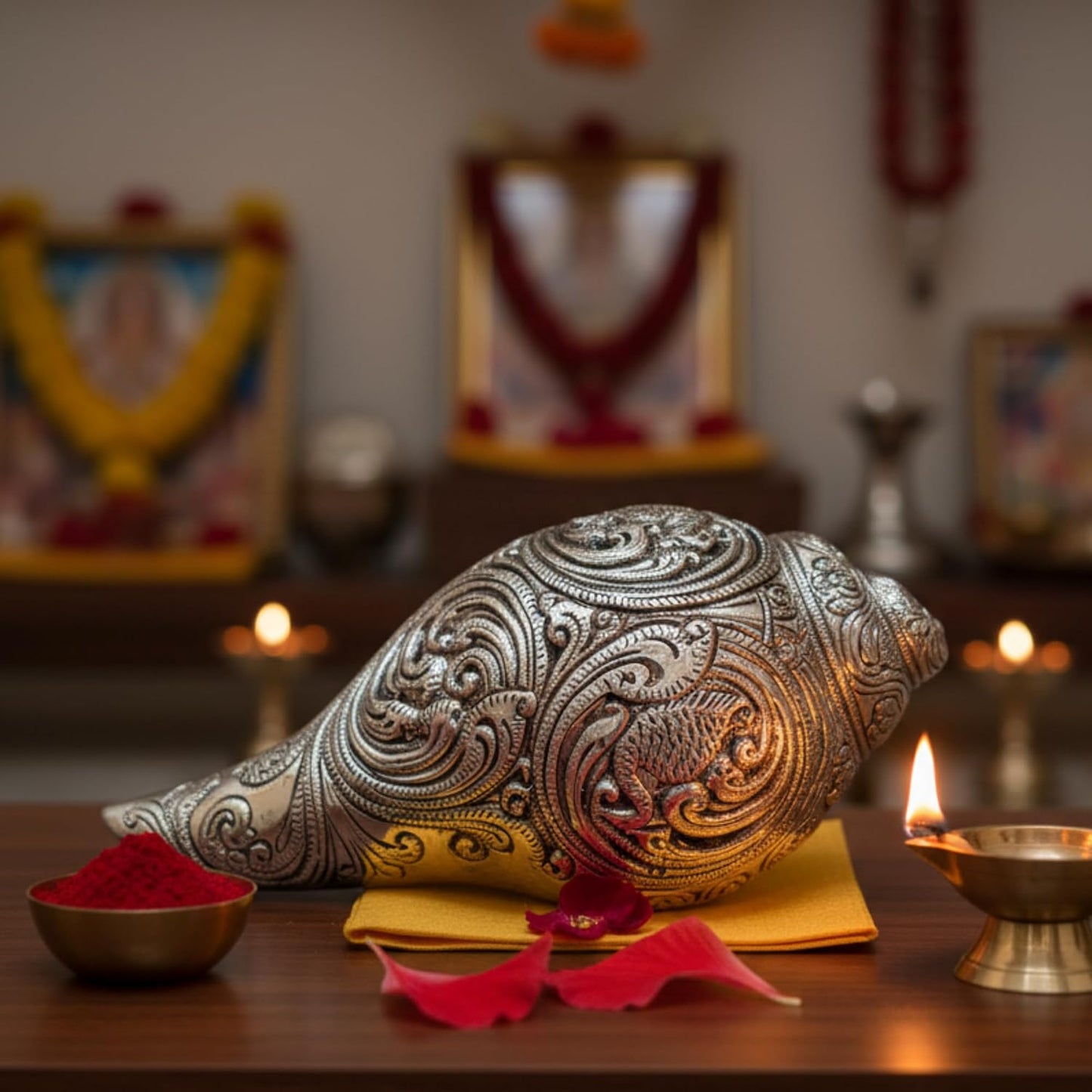 Dev Aastha Silver Plated Vishnu Lakshmi Shankh - 7 Inches Antique Finish Decorative Conch Shell with Detailed Religious Engravings - Auspicious Vastu Pooja Item for Home Mandir - Ideal Spiritual Gift