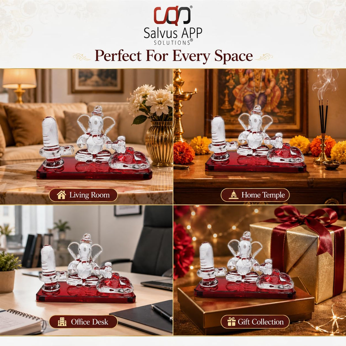 Crystal Glass Shiva Ganesha Nandi Statue, Decorative Religious Showpiece for Home, Temple & Office, Red Hindu God Idol for Pooja Room & Spiritual Decor, 4 x 2.5 Inch