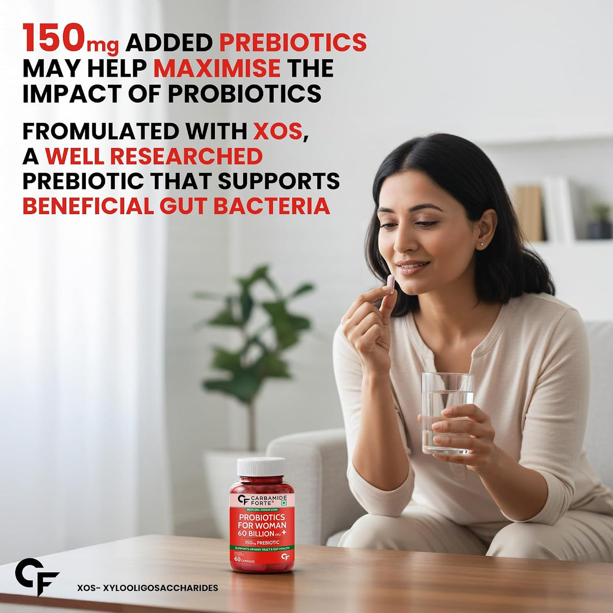 Carbamide Forte Women’s Probiotics Supplement 60 Billion CFU | Gut Health Supplements with Cranberry Extract | Pre & Probiotics Supplement for Gut Health | 60 veg Capsules
