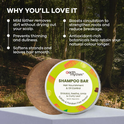 Earth Rhythm Shikakai Shampoo Bar for Hairfall | Contains Shikakai, Curry Leaf, Reeta & Amla Extracts | Men & Women | Sulphate & Paraben Free (Tin Packaging) - 80gm
