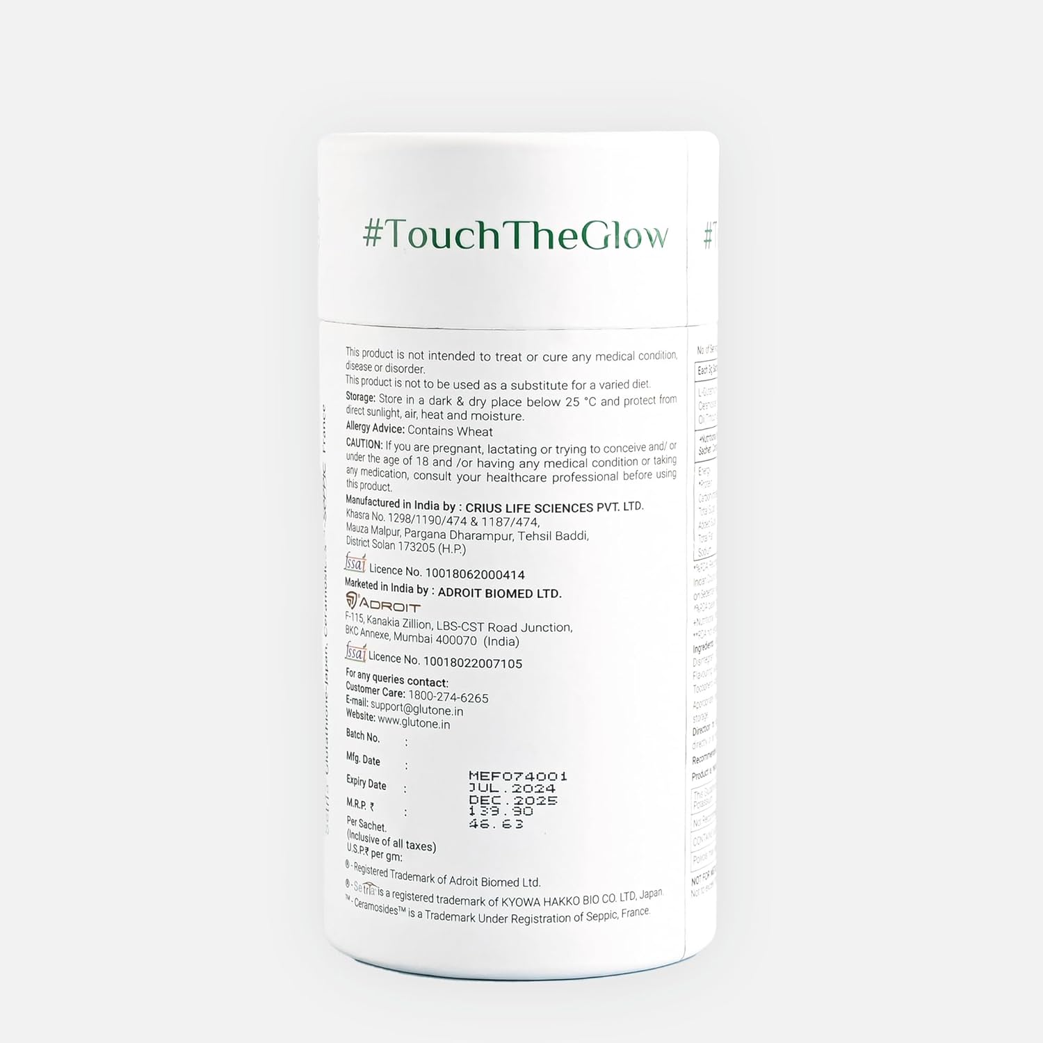 Back view of a skincare product container with 'Touch The Glow' branding on a white background.