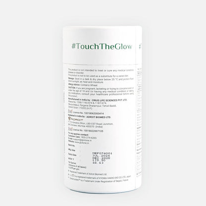 Back view of a skincare product container with 'Touch The Glow' branding on a white background.