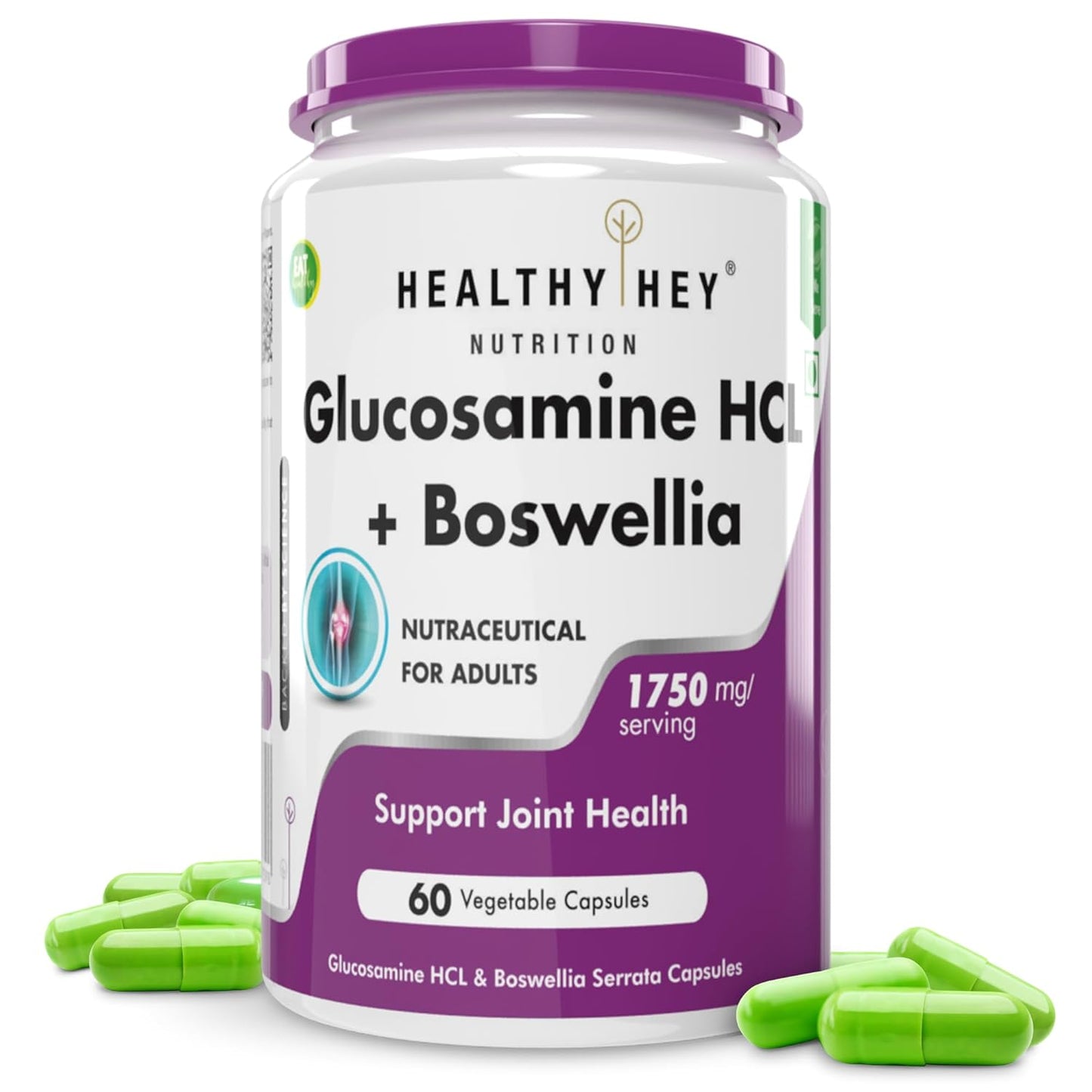 Supplement container labeled 'Healthy Hey Nutrition Glucosamine HCL + Boswellia' with green capsules on a white background
