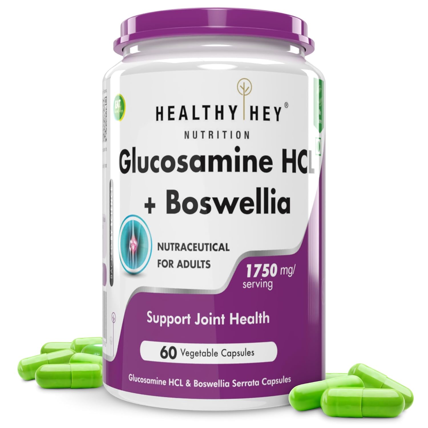 Supplement container labeled 'Healthy Hey Nutrition Glucosamine HCL + Boswellia' with green capsules on a white background