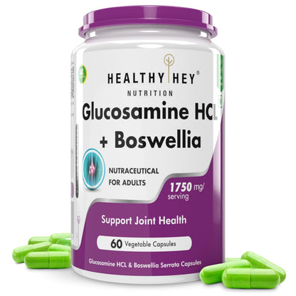 Supplement container labeled 'Healthy Hey Nutrition Glucosamine HCL + Boswellia' with green capsules on a white background