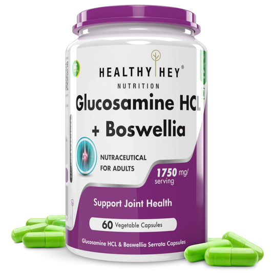 Supplement container labeled 'Healthy Hey Nutrition Glucosamine HCL + Boswellia' with green capsules on a white background