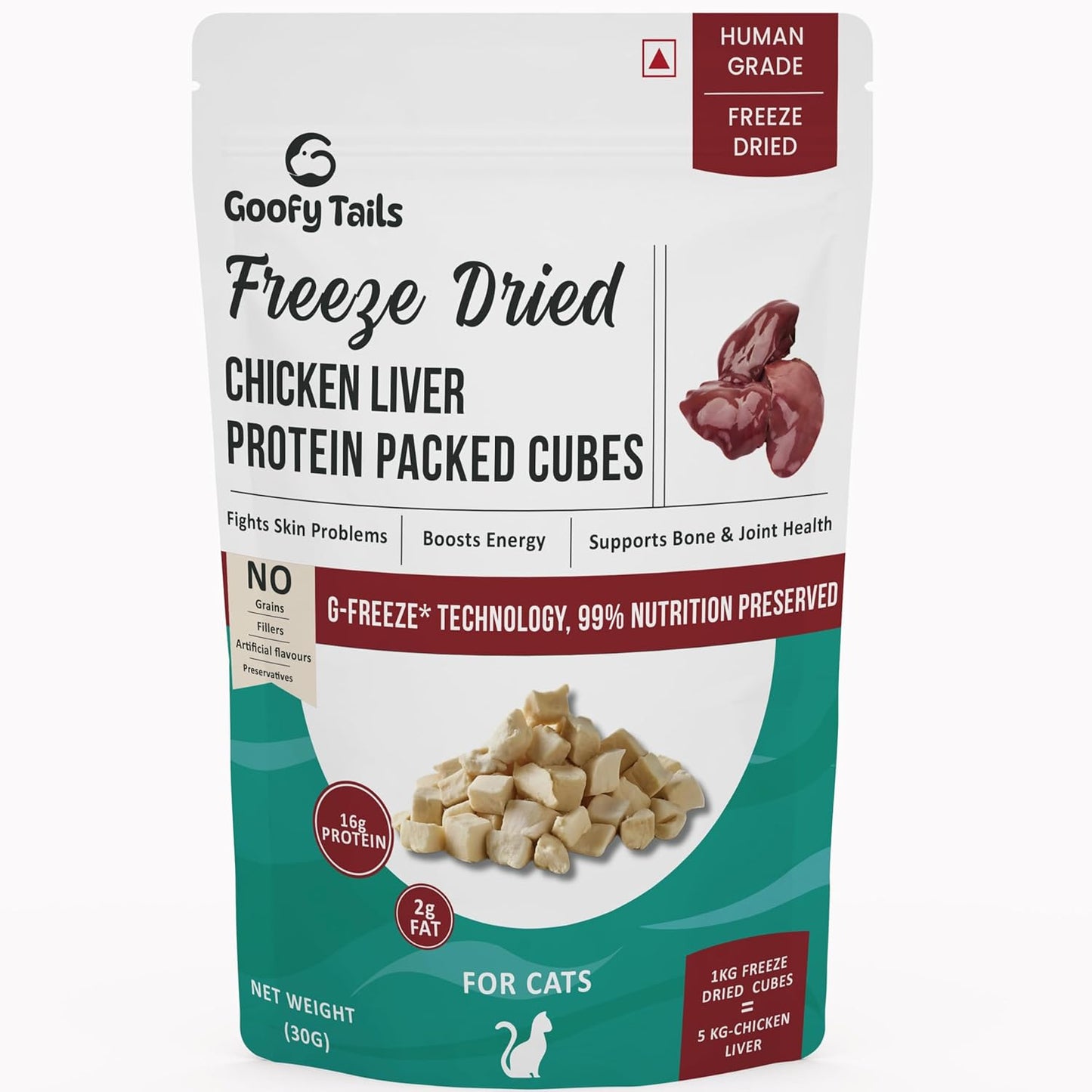 Goofy Tails Freeze Dried Chicken Liver Chunk Cat Treats 30g, Single Ingredient Chicken Cat Treat, Gluten and Grain Free Treats for Cats, Easy to Digest Kitten Treat