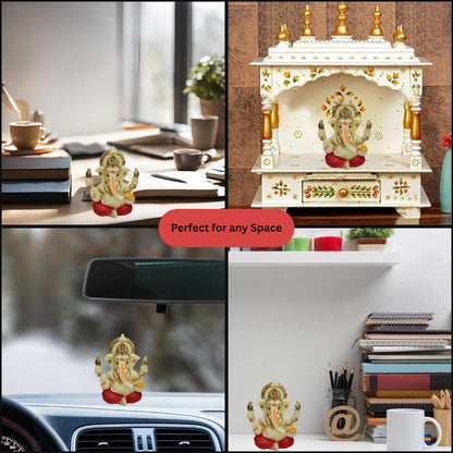 Gold Art India Peach Ivory 4-Hand Ganesha with Mukut for Home Decor Idol Ganesha Murti Ganpati Idol for car Dashboard Puja Lord Ganesh Statue Gift for Office Desk Puja Room Figurine