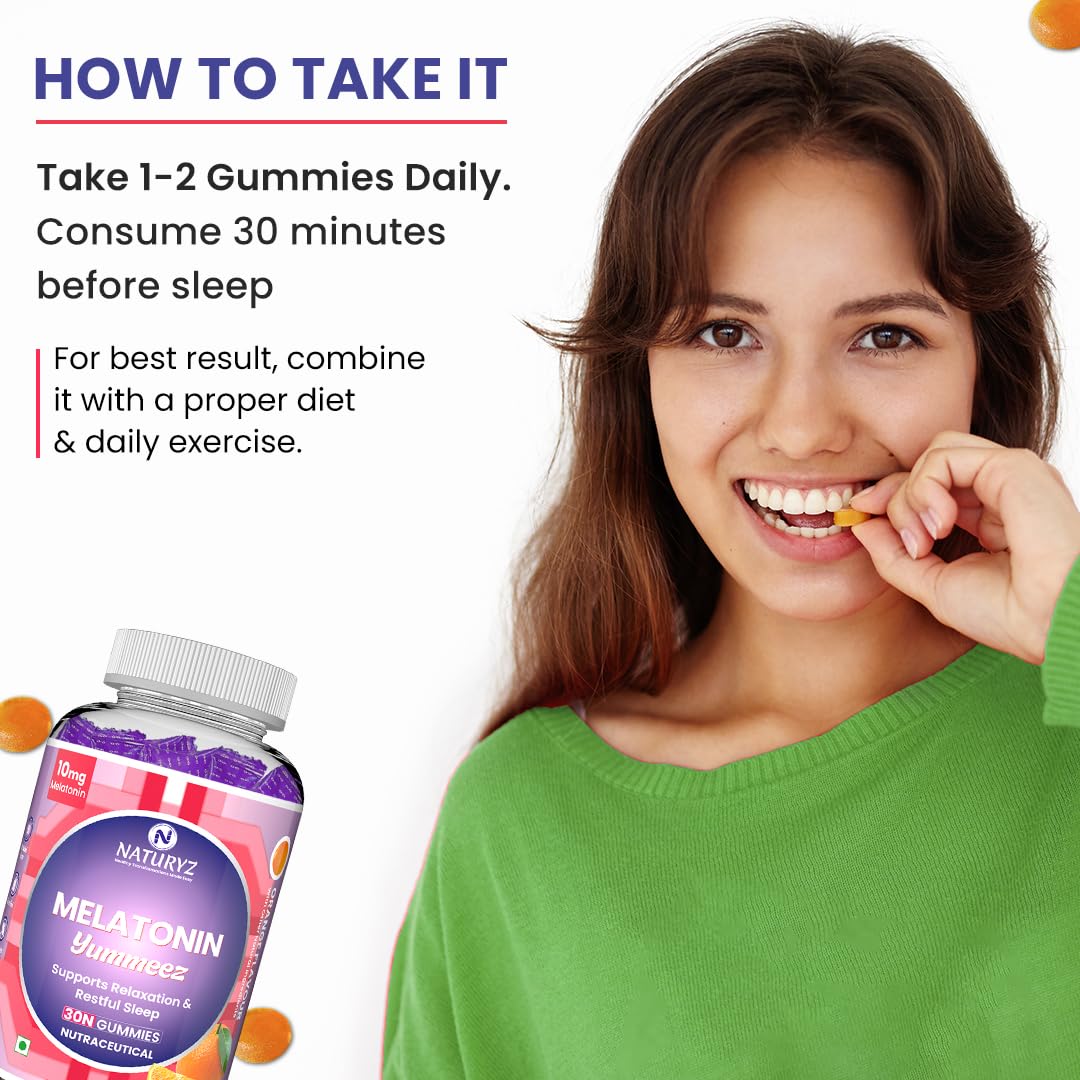Woman taking a melatonin gummy with text on how to take it, and a bottle of melatonin gummies.