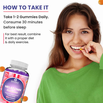 Woman taking a melatonin gummy with text on how to take it, and a bottle of melatonin gummies.