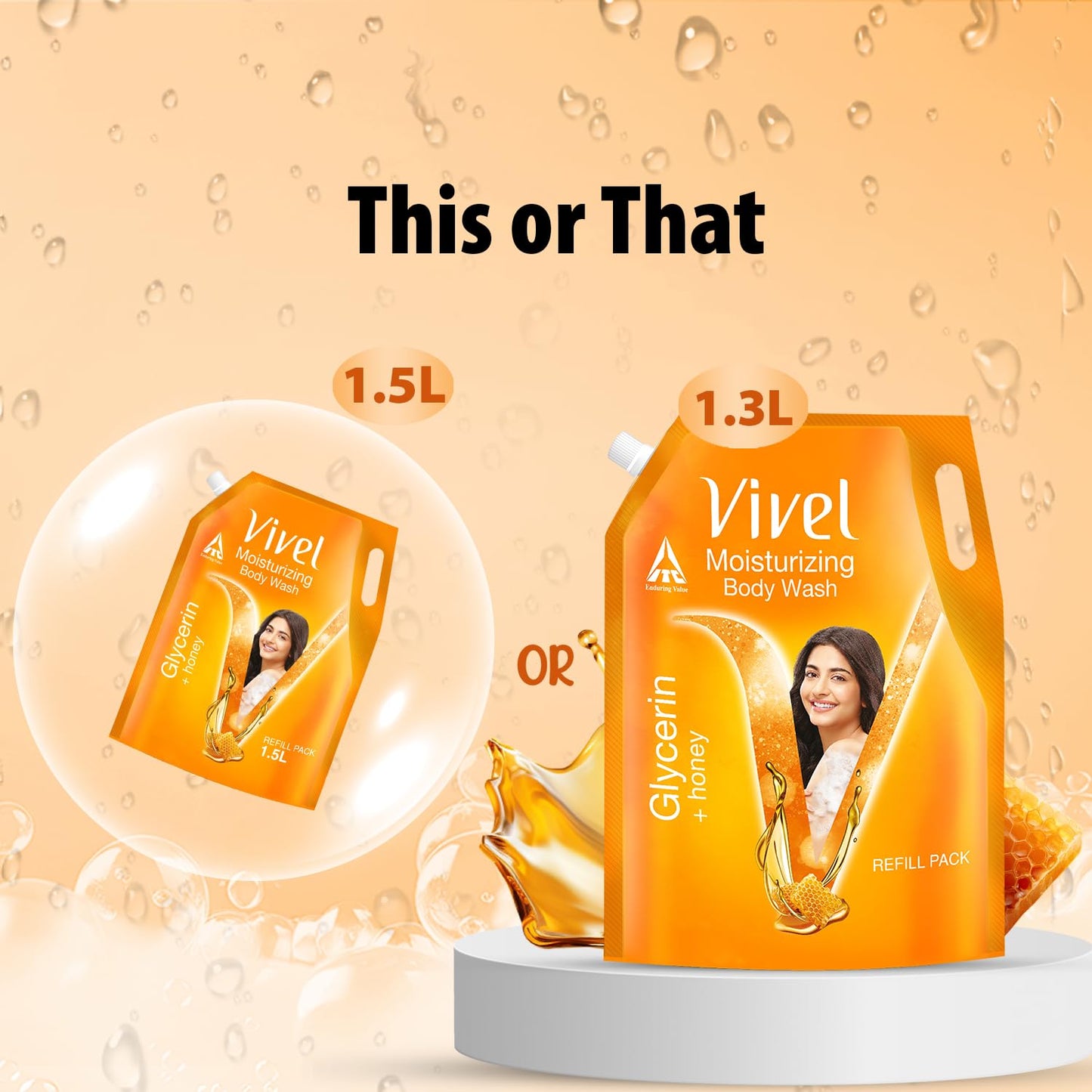 Vivel Moisturizing Body Wash, Glycerin & Honey Shower Gel, 1300 ml Supersaver XL Refill Pouch, For Soft, Glowing Skin, Mild and Pure Bodywash, For Women & Men