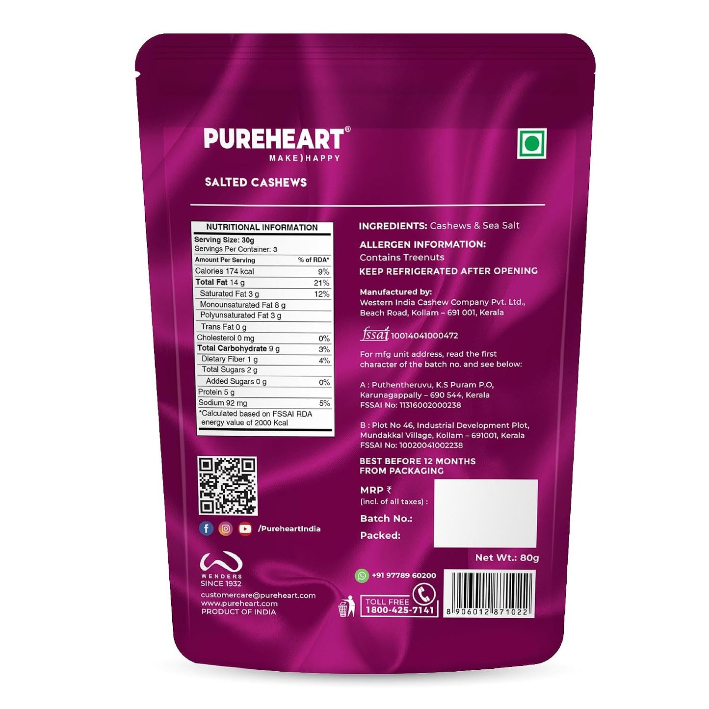 Pureheart Nutreat Roasted Salted Cashews, Flavourful & Crunchy Snack | Premium Salted Whole Cashew Nuts/Kaju Dry Fruit | Rich in Protein & Fiber | No Artificial Colors, Flavors, Preservatives