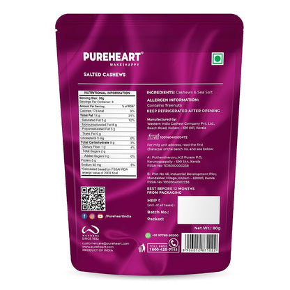 Pureheart Nutreat Roasted Salted Cashews, Flavourful & Crunchy Snack | Premium Salted Whole Cashew Nuts/Kaju Dry Fruit | Rich in Protein & Fiber | No Artificial Colors, Flavors, Preservatives