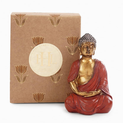 PURE HOME + LIVING Dark Red Antique Gold Polyresin Sitting Buddha - Small Statue Decorative Showpiece Idol | Home Decor Items for Home Office Living Room and Gifts (Pack of 1)