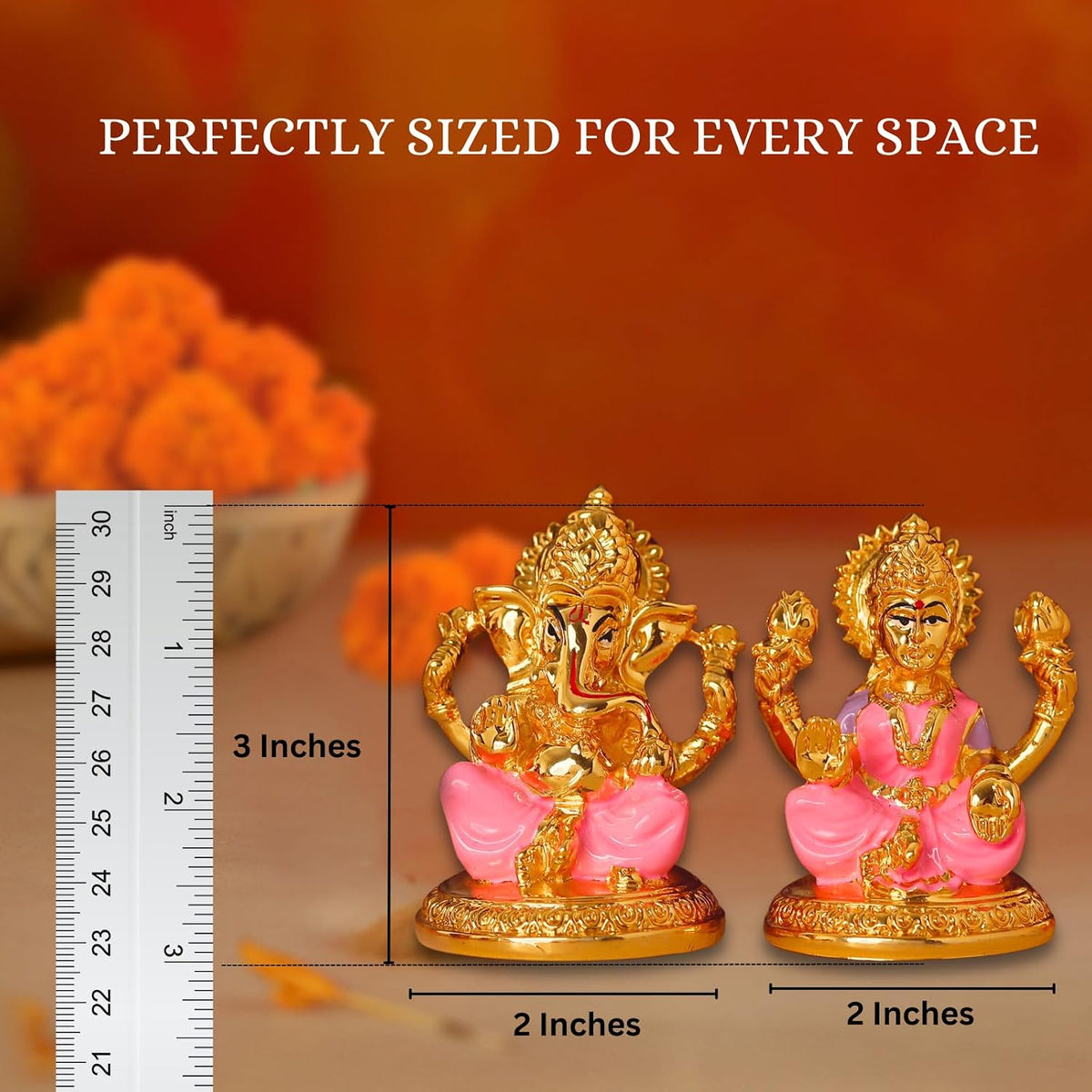 Gold Plated Laxmi Ganesh Idols for Pooja Room, Car Dashboard, Gifting, Table and Home Decor - Resin - 3x2 Inches (Pink)