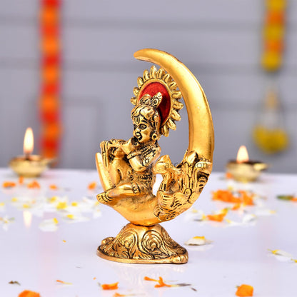 Gold Plated Metal Handicraft Lord Krishna On Moon Playing Basuri Flute Home Decor Idol for Puja and Office Shop Counter Decoration Purpose Showpiece Festive Home Office Gifts