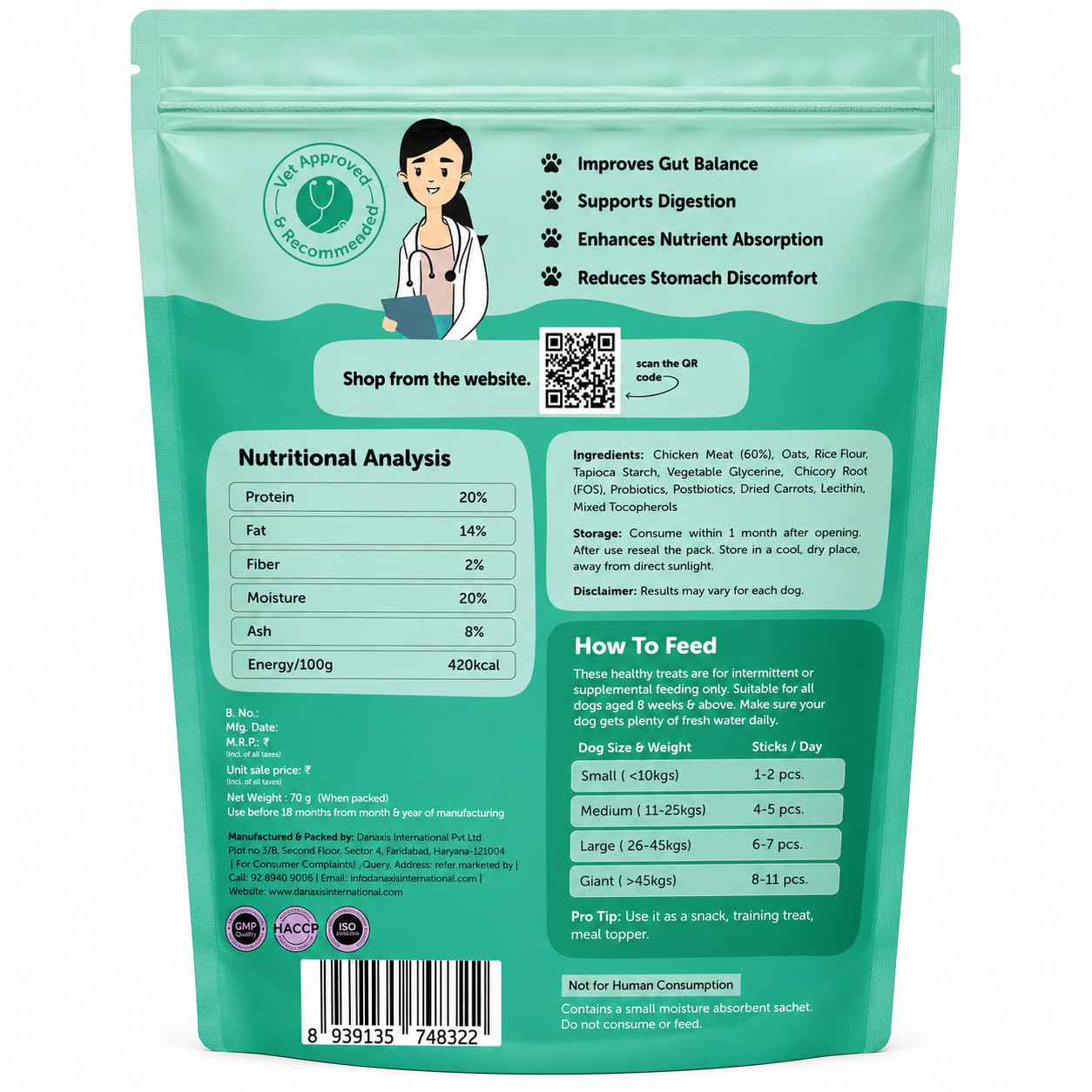 Dogs & Tiddles Gut Health Dog Treats for Puppies & Adult Dogs, 70g | Soft & Chewy Real Chicken Treats | with Postbiotics | Supports Digestion & Digestive Health