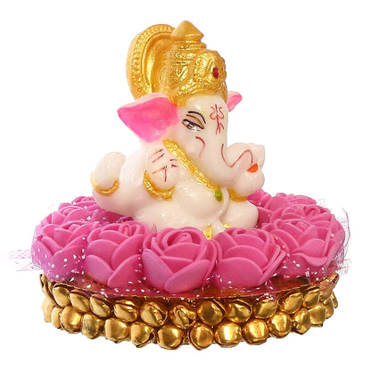 Lord Ganesha Idol on Decorative Handcrafted Plate with Pink Flowers