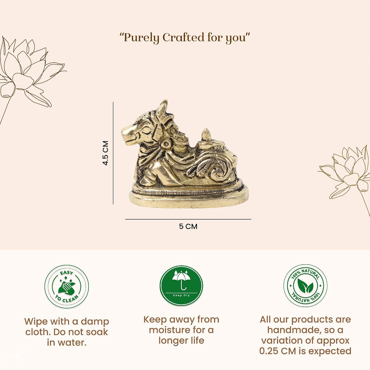 Handcrafted Brass Nandi Murti | Sacred Bull Idol for Shiva Pooja & Home Temple | Traditional Hindu Devotional Statue (Design01: L5 x W3 x H4.5 cm)