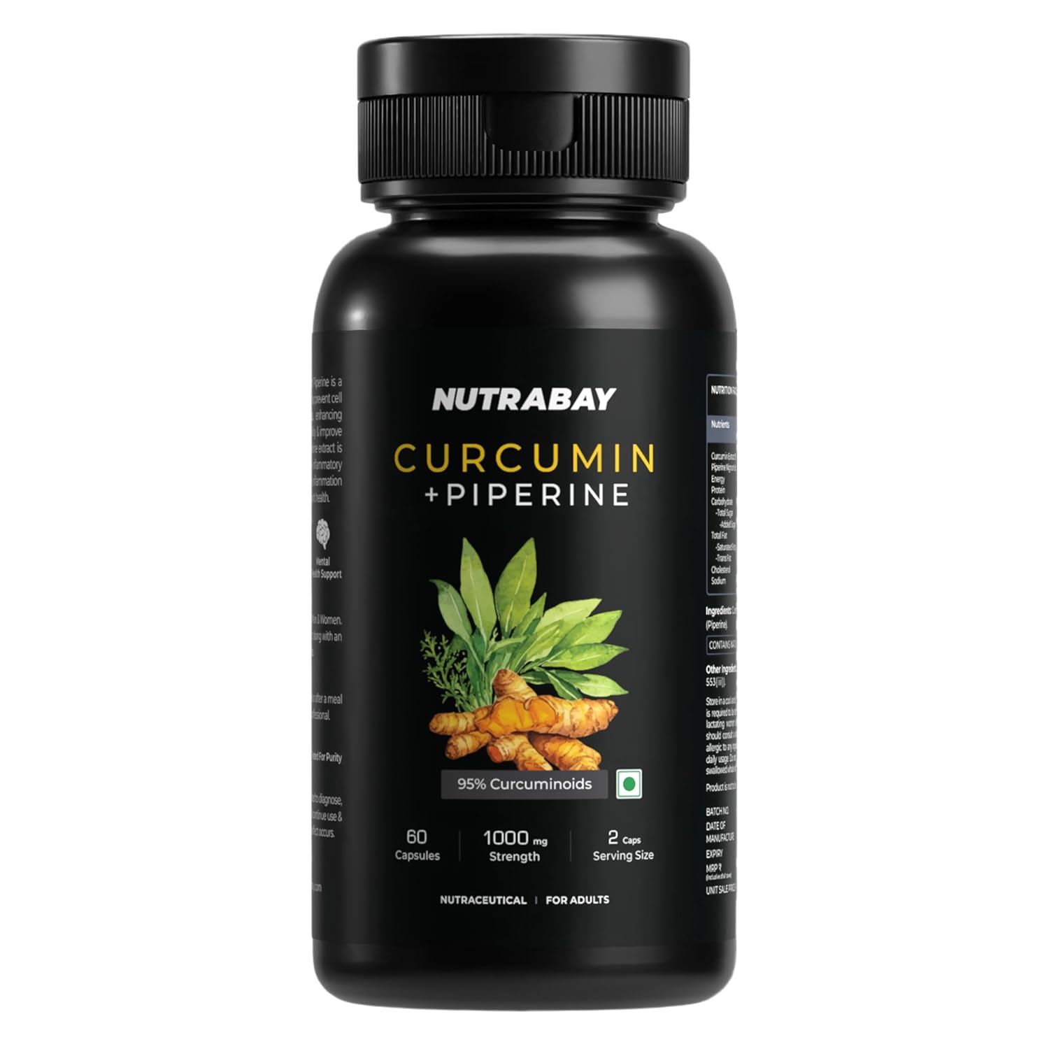 Black bottle of Nutrabay Curcumin + Piperine supplement on a white background