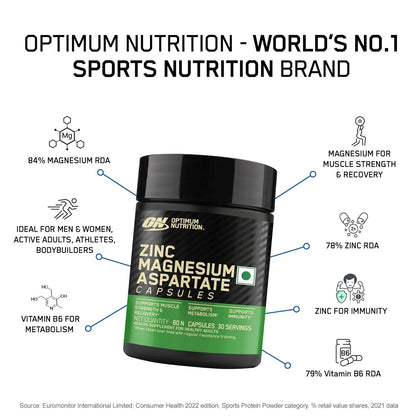 Optimum Nutrition (ON) Zinc Magnesium Aspartate (ZMA) - 60 Capsules, Muscle Strength, Metabolism, Immunity, Vegetarian