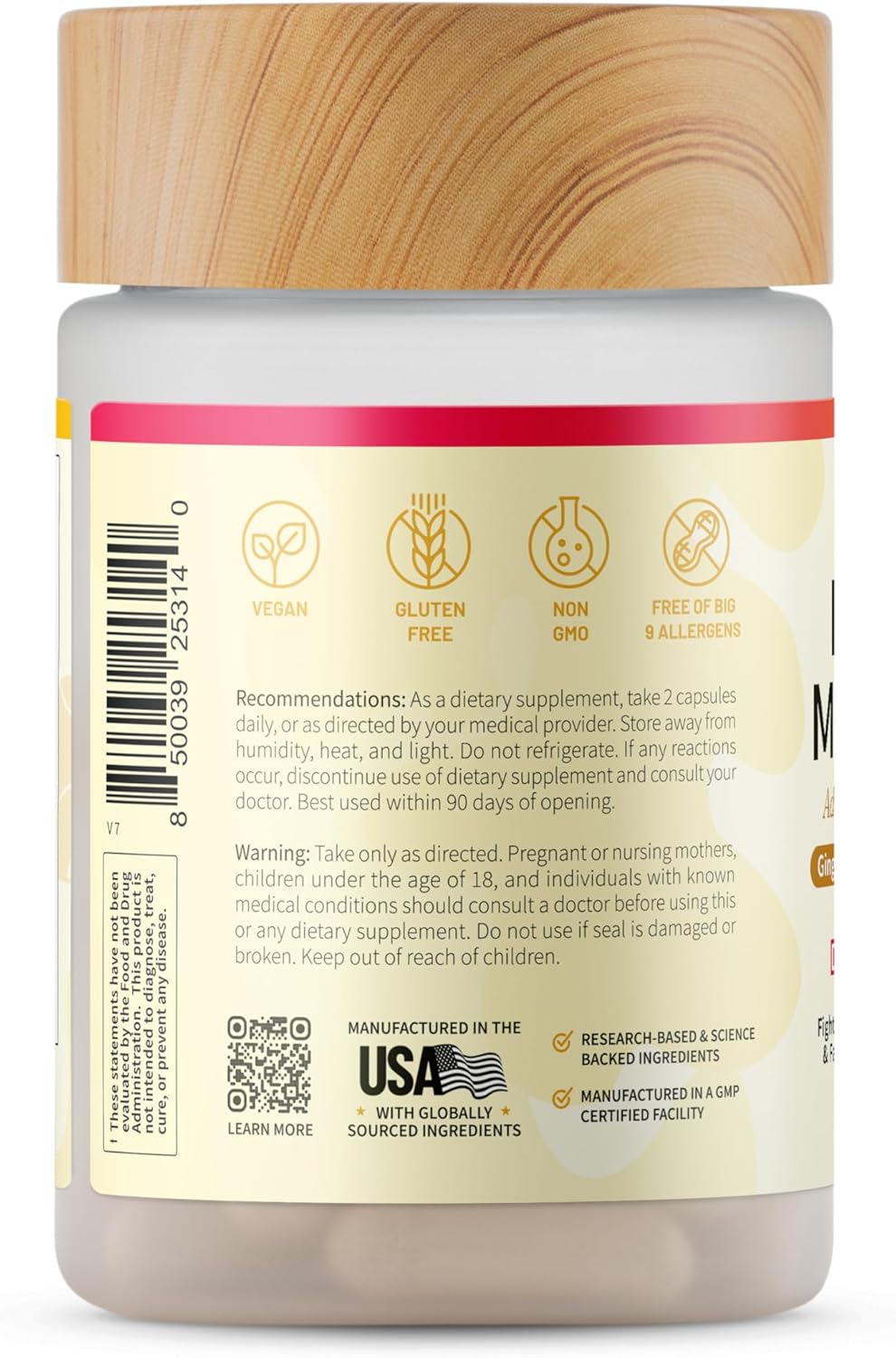 Supplement jar with wooden lid and label on a white background