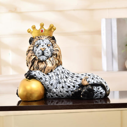 Royal Lion Figurine with Gold Crown | Handcrafted Artistic Decor | Elegant Home Accent with Golden Sphere |Black and White Scale Design