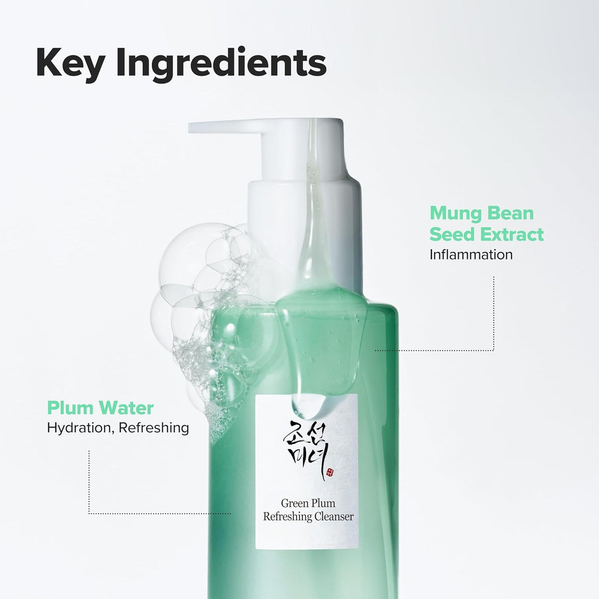 Green plum refreshing cleanser with key ingredients listed on a white background