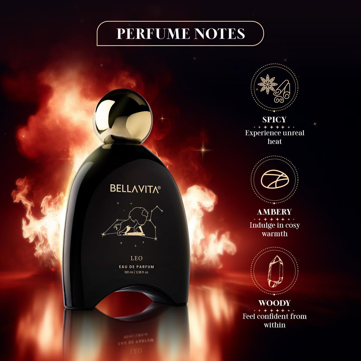Bellavita Aries perfume bottle with perfume notes on a dark background