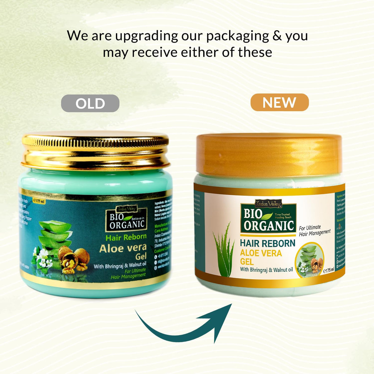 Comparison of old and new packaging for Bio Organic Hair Reborn Aloe vera gel.