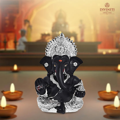 999 Silver Plated Resin Lord Ganesha Idol for Car Dashboard, Tabletop|Ganesh Statue for Good Luck and Success|Ganpati Murti for Home Decor Mandir, Office Desk Puja Gift Black (8.4x4.2cm)