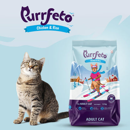 Purrfeto Adult Dry Cat Food | Chicken & Rice | 1.2 kg Ingredients |40% Reduction in Urinary Track Diseases |Anti Hairball Formula |Healthy Skin & Coat |Improves Digestive Health