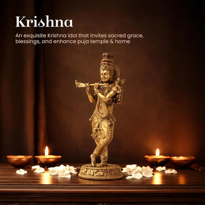 Handcrafted Brass Krishna Murti | Divine Flute-Playing Lord Krishna Idol for Home Temple & Spiritual Decor (Design03: L6 x W4 x H13 cm)