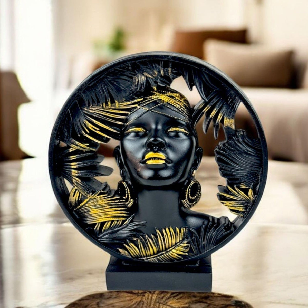 African Lady Round Halo Polyresin Showpiece 22 cm Black & Gold Palm-Leaf Circular Bust Statue Luxury Home Décor Figurine for Living Room Office Table Gift | Tabletop Decorative Showpiece