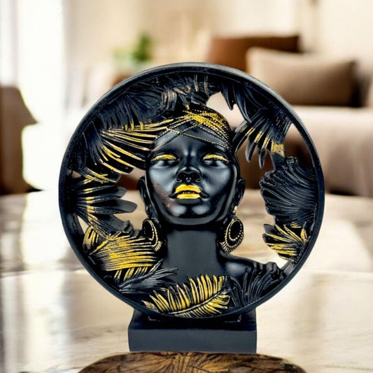 African Lady Round Halo Polyresin Showpiece 22 cm Black & Gold Palm-Leaf Circular Bust Statue Luxury Home Décor Figurine for Living Room Office Table Gift | Tabletop Decorative Showpiece
