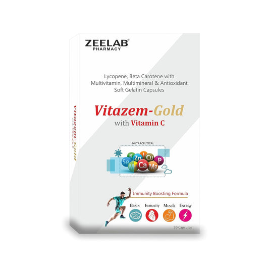 Zeelab Vitazem-Gold with Vitamin C supplement packaging on a white background