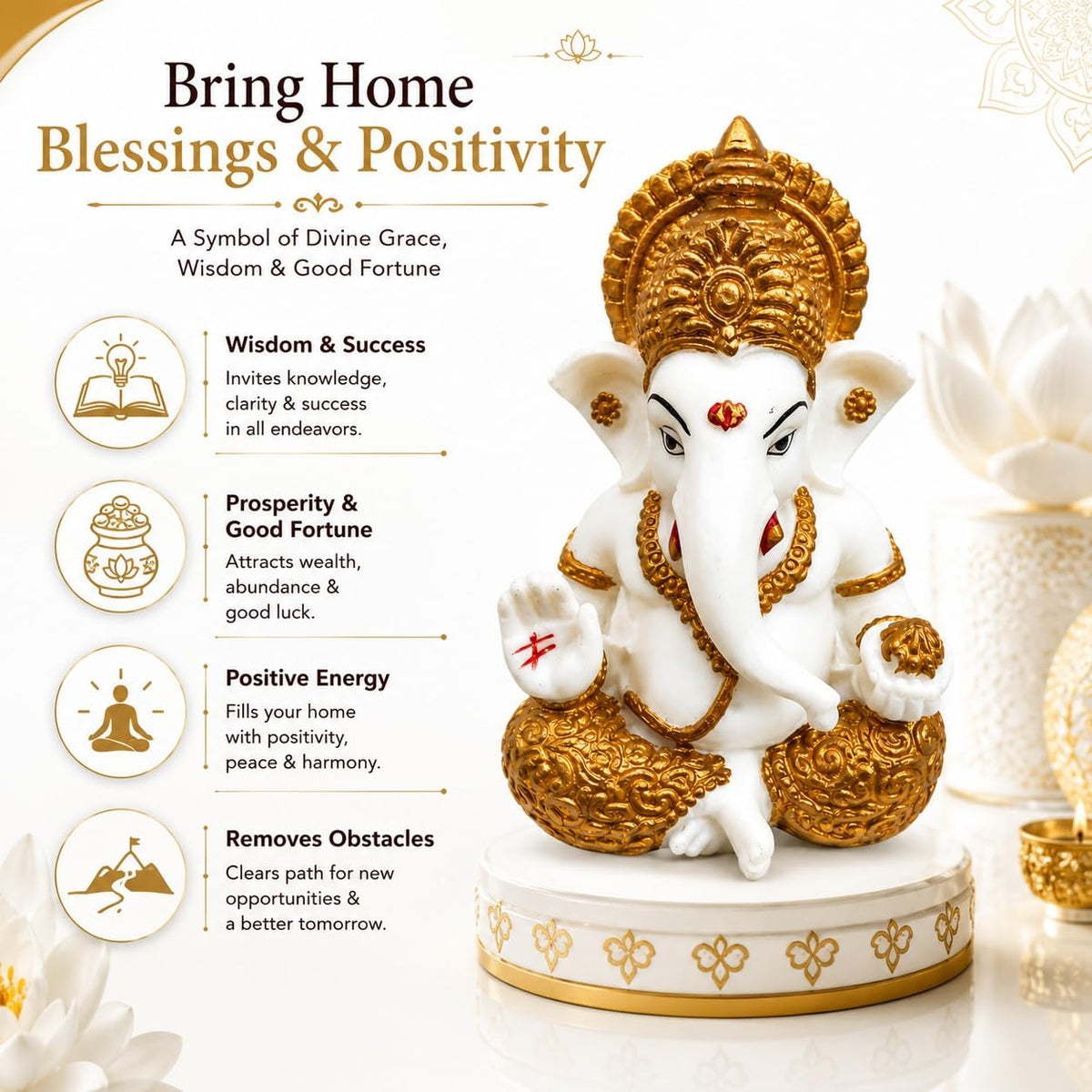 White & Gold Ganesha Idol for Home Decor, Ganpati Bappa Murti for Puja Room, Lord Ganesh Statue for Car Dashboard & Office Desk, Decorative Hindu God Showpiece, 3.3 Inch