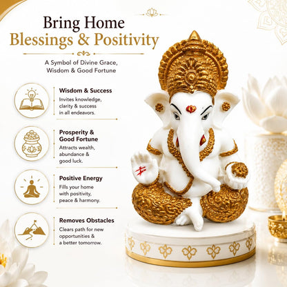 White & Gold Ganesha Idol for Home Decor, Ganpati Bappa Murti for Puja Room, Lord Ganesh Statue for Car Dashboard & Office Desk, Decorative Hindu God Showpiece, 3.3 Inch