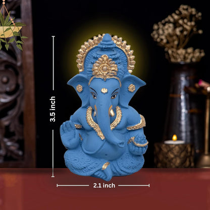 Lord Ganesha Idol for Car Dashboard, Home Temple & Office Decor | Gold Plated Resin Ganpati Murti for Puja, Mandir, Vastu, Diwali, Housewarming Gift | 3.5 Inch | Pack of 1 (Blue)