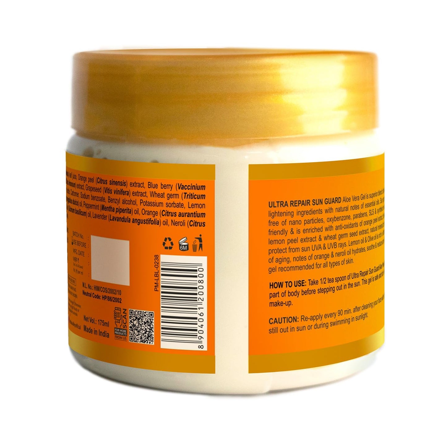 Back label of a jar with text and a gold lid on a white background