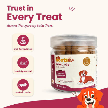 Nootie Calcium Bone Dog Treats 220g | Seaweed & Goat Milk | Dental Health, Clean Teeth & Strong Gums | Milk & Strawberry | All Breeds & Puppies Above 4 Months