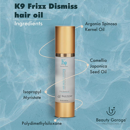 Beauty Garage K9 Frizz Dismiss Moroccan Argan Oil | Lightweight Hair Serum with Heat & UV Protection | Argan Oil of Morocco For Frizz Control, Volume Boost & Deep Hydration | 50 ml