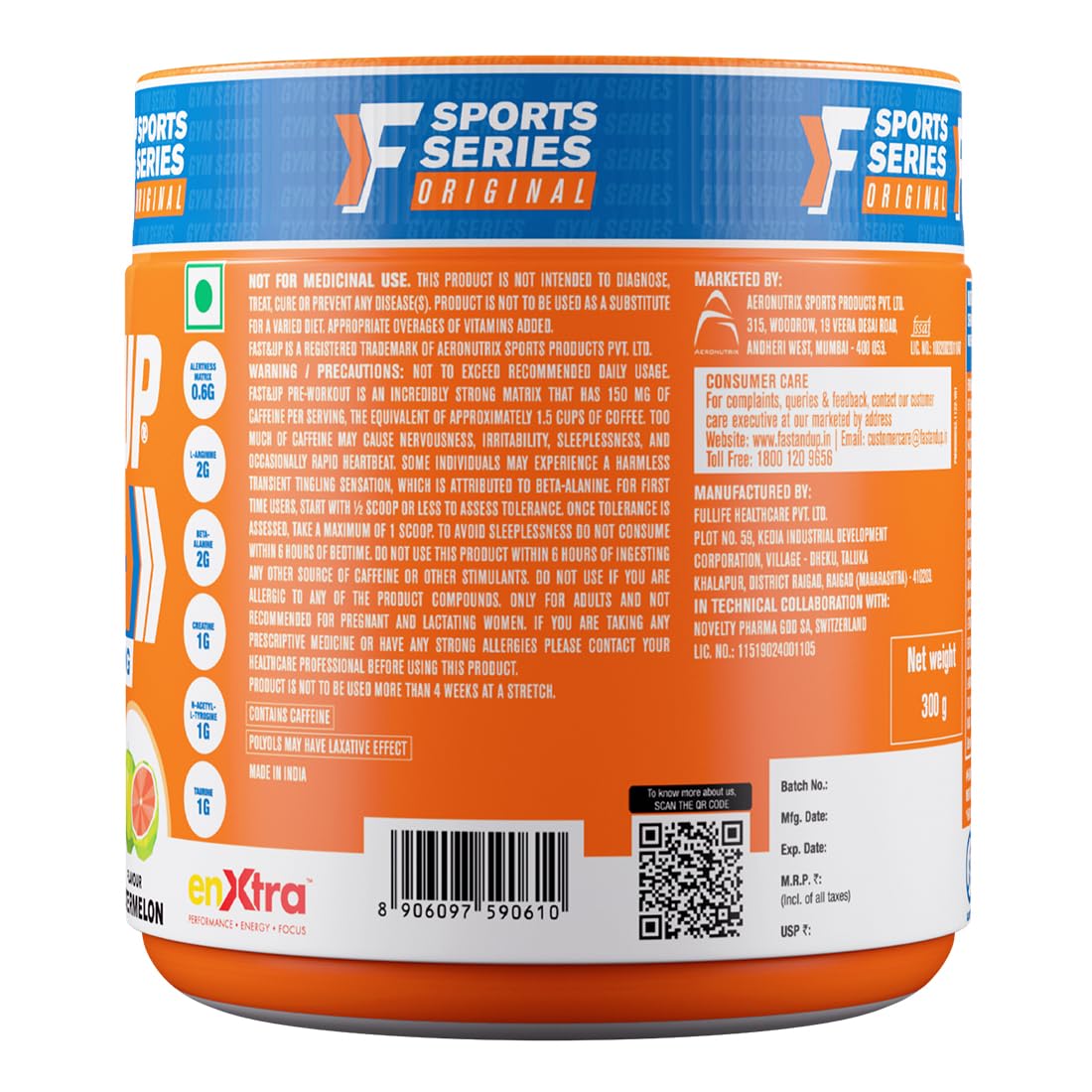 Fast&Up Pre-Workout Supplement Powder (30 Servings, Watermelon Flavour) | Pre Workout Supplement For Men & Women with B-Alanine, Creatine, Taurine For Performance & Energy Boost, 300 gm