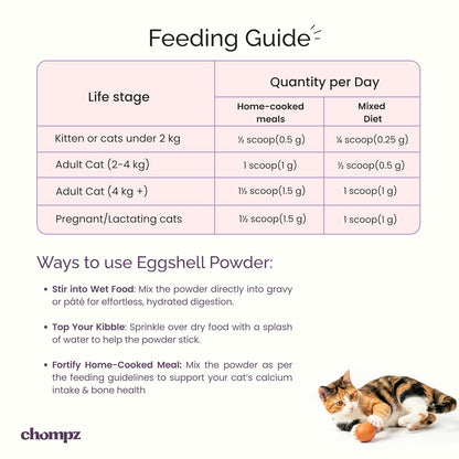 Chompz Eggshell Powder for Cats | Natural Calcium Supplement | 50gm Powder | Single Ingredient | Bone & Muscle Health | Mixes into Any Meal | Scooper Included | 50+ Servings | For Adult Cats & Kittens